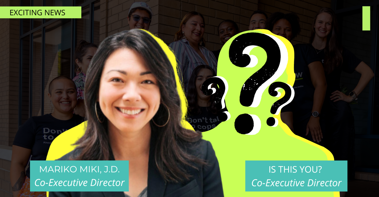 Image description: a headshot of New Co-Executive Director, Mariko Miki, and an outline of a person with a question mark on top of it are featured on a grey background. The title says "Exciting News!"